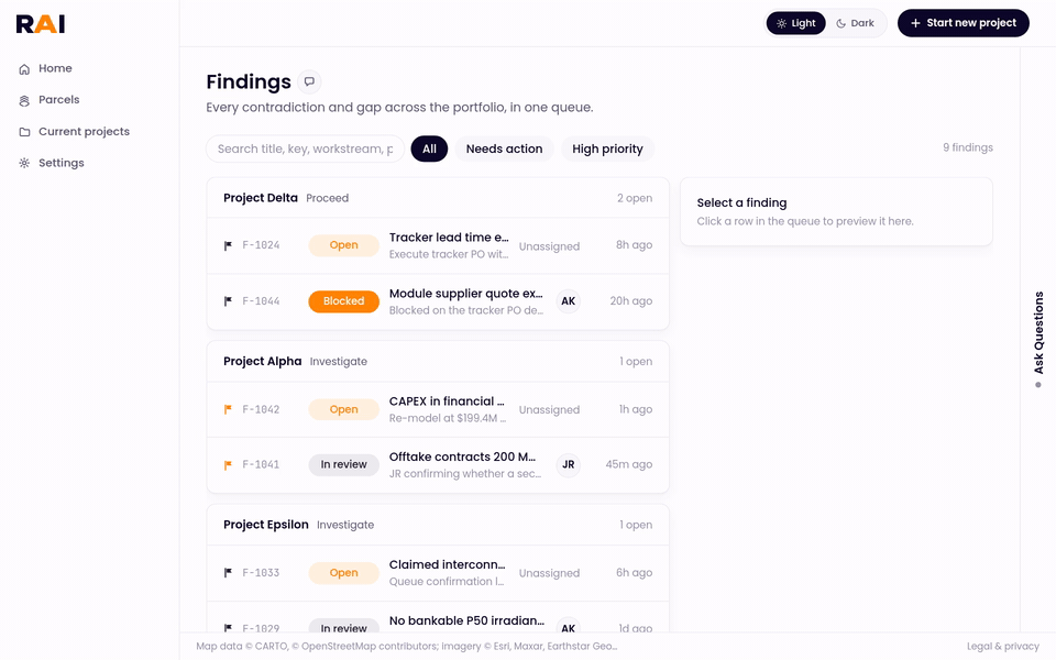 Opening a finding from the queue, then the evidence view with both sources side by side