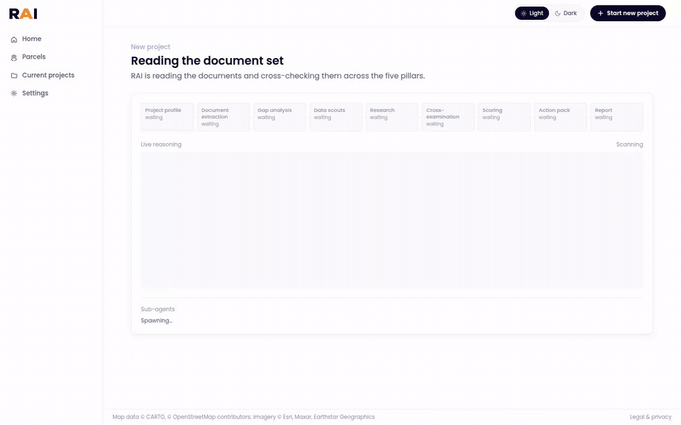 Agents working through the document set, one status box each