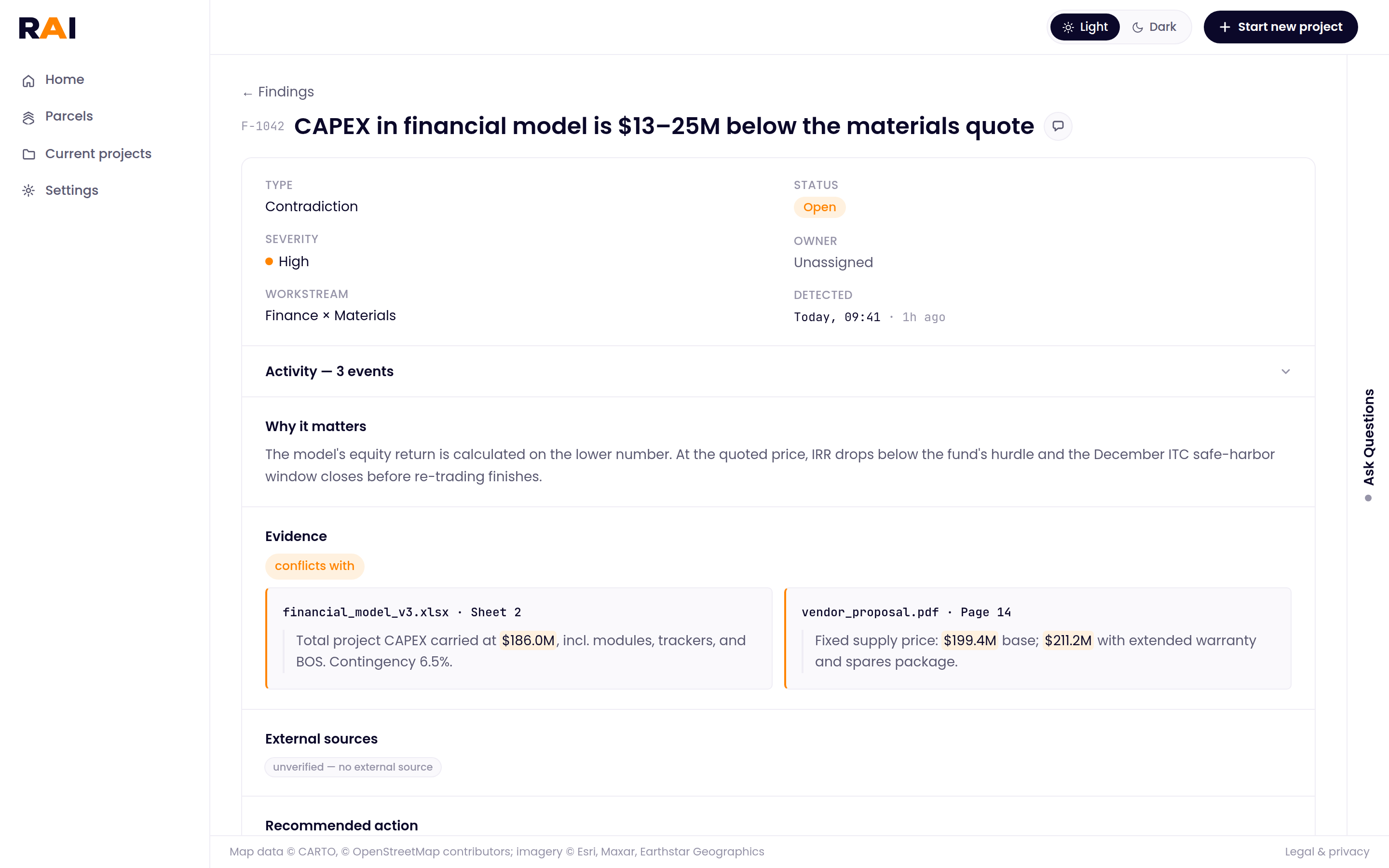 RAI evidence view: the financial model and the vendor quote side by side, with the conflicting numbers highlighted