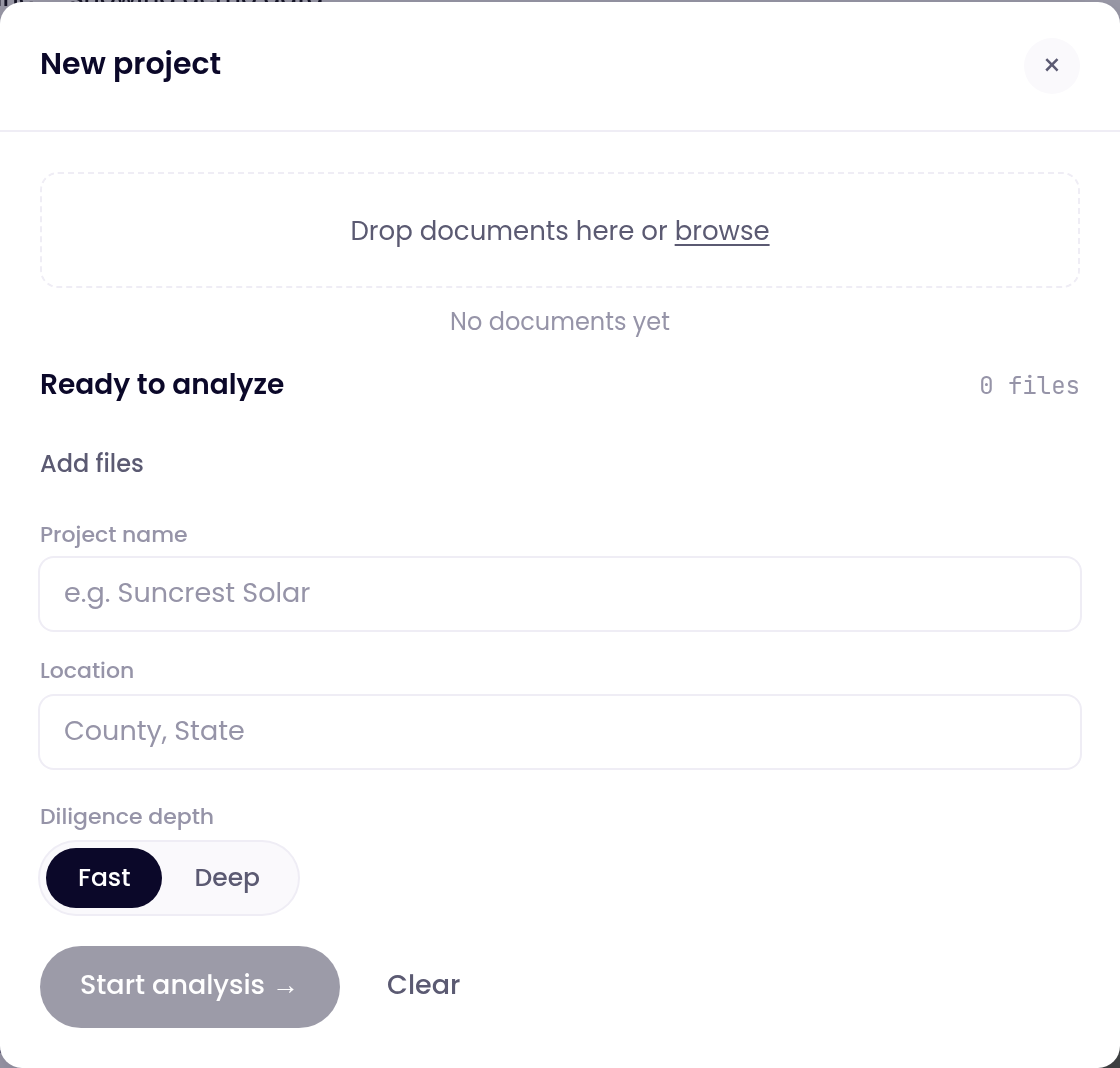New project window: drop documents, project name, location, and Fast or Deep diligence