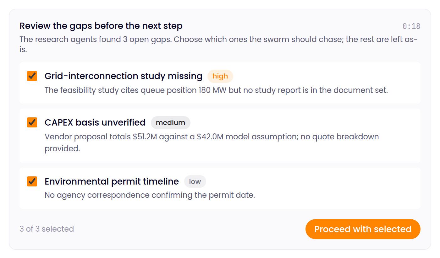 Gap review card: three gaps the agents found, each with a checkbox, and a Proceed with selected button