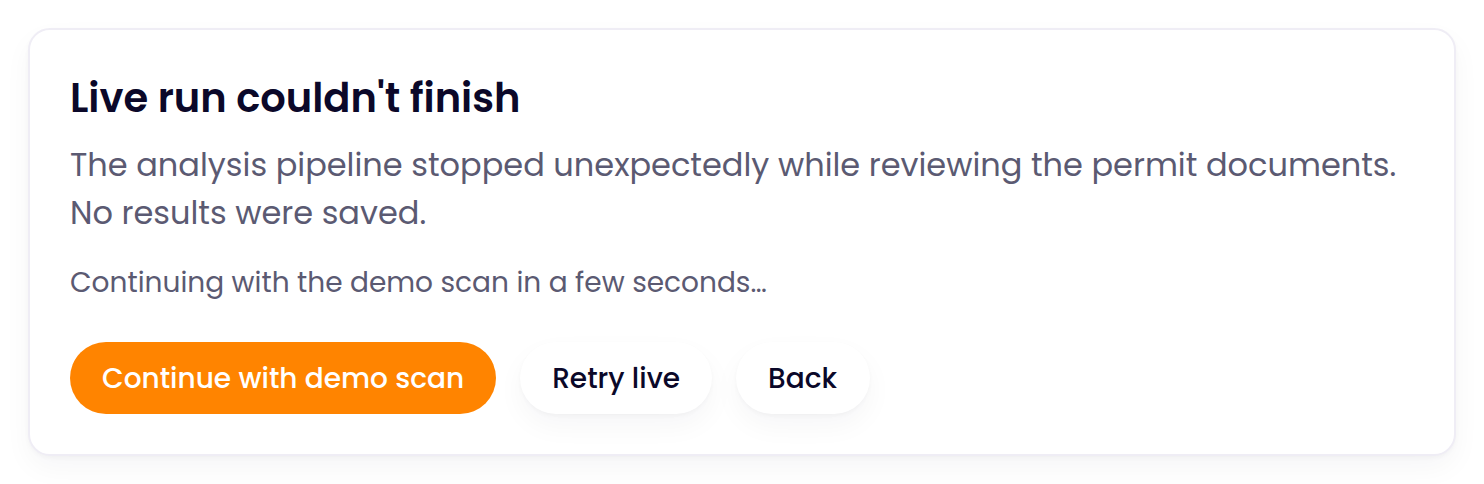 Live run couldn’t finish: no results were saved, with Continue with demo scan, Retry live and Back