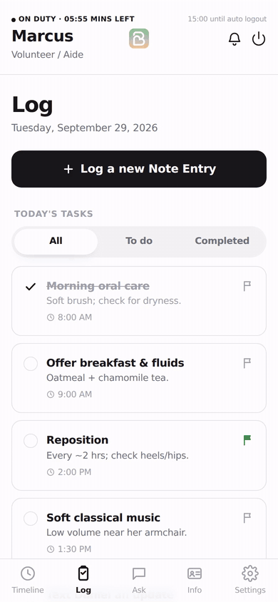 Logging a shift note, getting a structured summary, accepting the suggested flag and saving it
